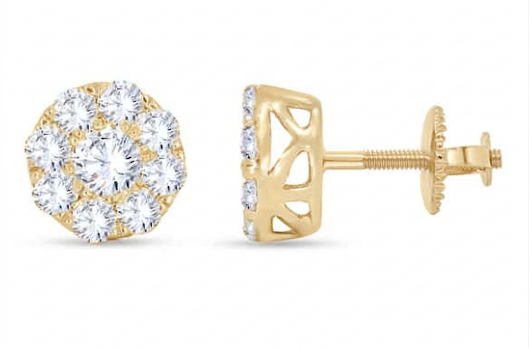 14K yellow gold round lab-grown diamond cluster stud earrings 1.37 carats