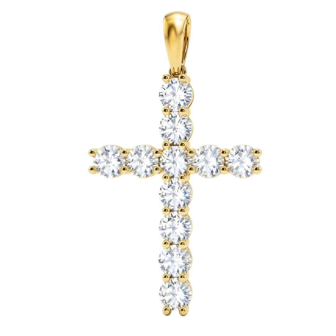 14K yellow gold cross pendant set with eleven round lab grown diamonds and a polished bail