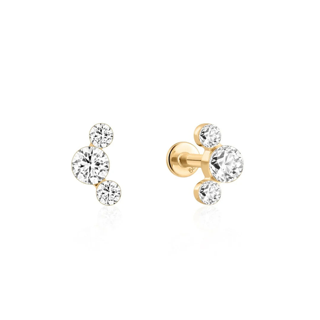 14K yellow gold flat back stud earrings with three round lab grown diamonds each, front and side view