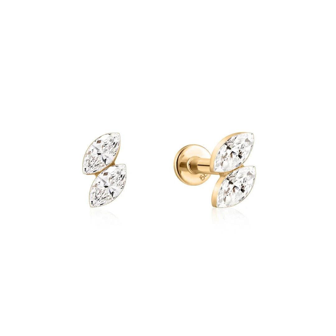 14K yellow gold flat back stud earrings with two marquise lab grown diamonds each, front and side view