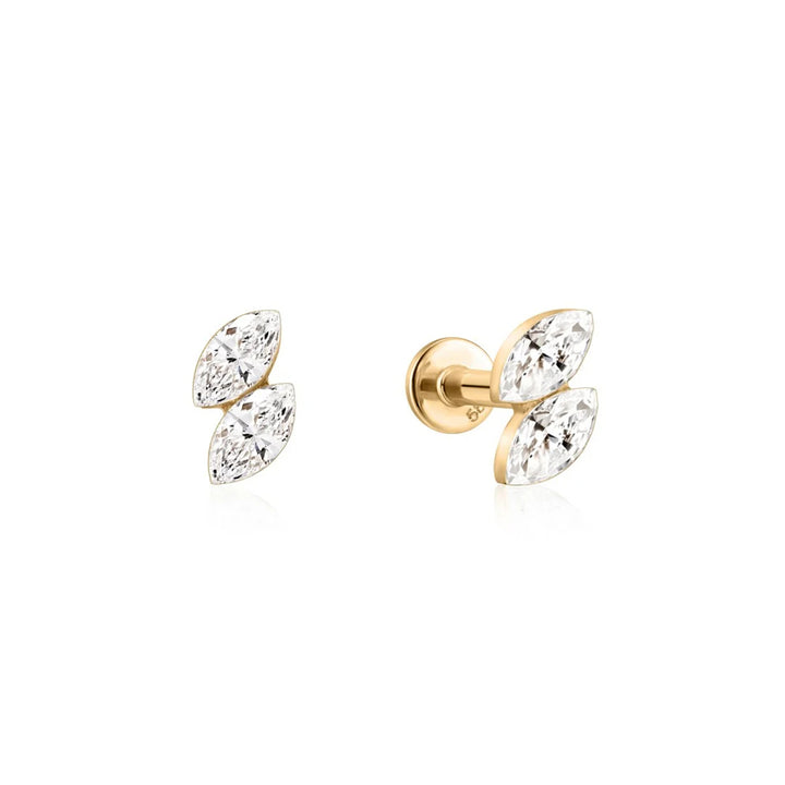 14K yellow gold flat back stud earrings with two marquise lab grown diamonds each, front and side view