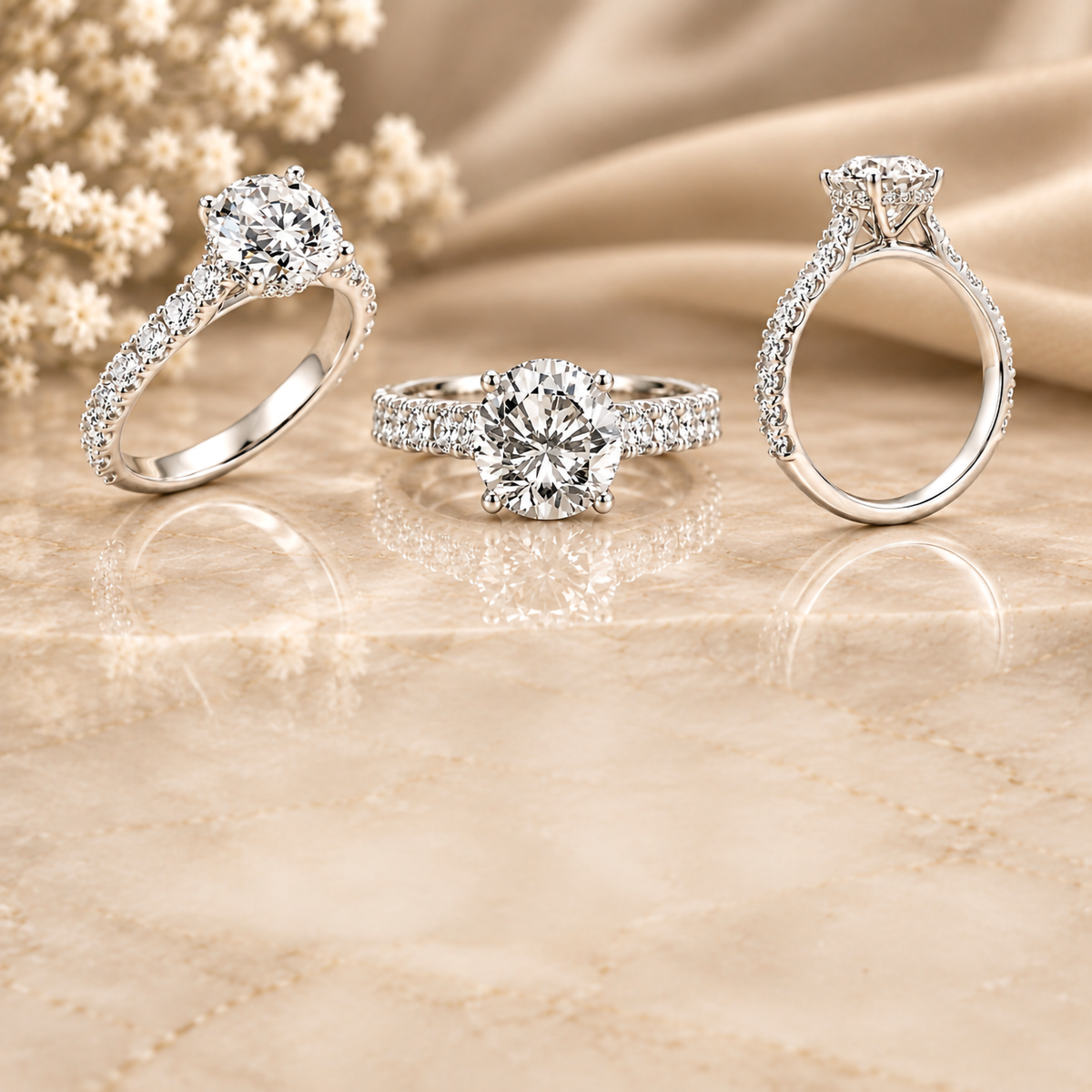 14 karat white gold 3ct round lab grown diamond hidden halo engagement ring with a diamond band, custom made at AJ's Jewelry in Ridgewood Queens