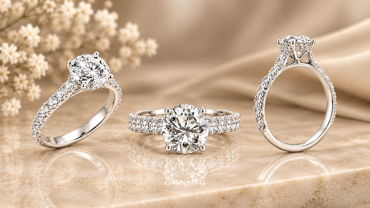 Three views of the 14 karat white gold 3ct round lab grown diamond hidden halo engagement ring on marble at AJ's Jewelry in Queens NY