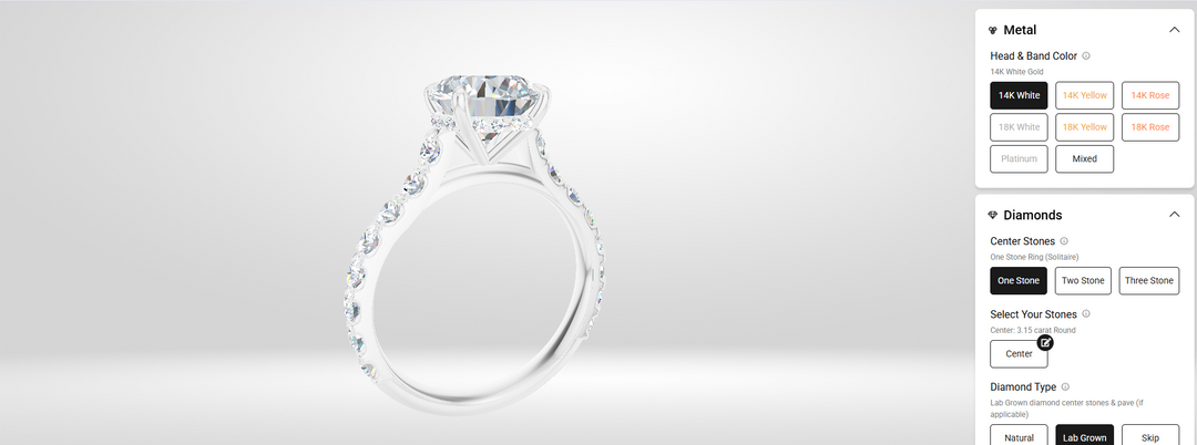 AJ's Jewelry online ring builder showing the 14 karat white gold round hidden halo engagement ring design with lab grown diamond selected