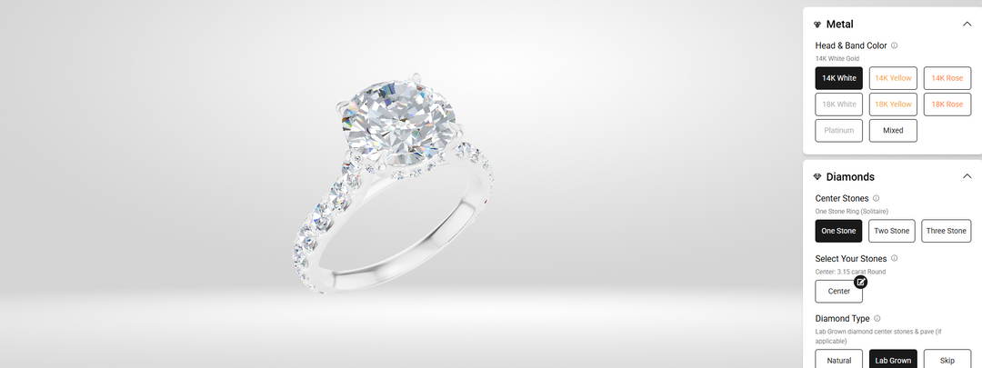Ring builder profile view of the white gold round lab grown diamond hidden halo cathedral engagement ring, designed online at ajsjewelers.com