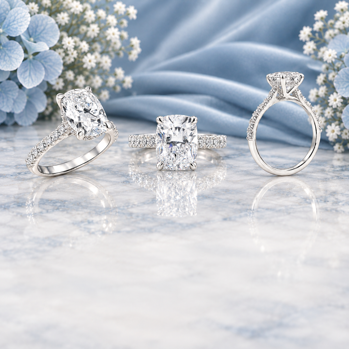 14 karat white gold elongated cushion lab grown diamond hidden halo engagement ring with a diamond band, custom made at AJ's Jewelry in Ridgewood Queens