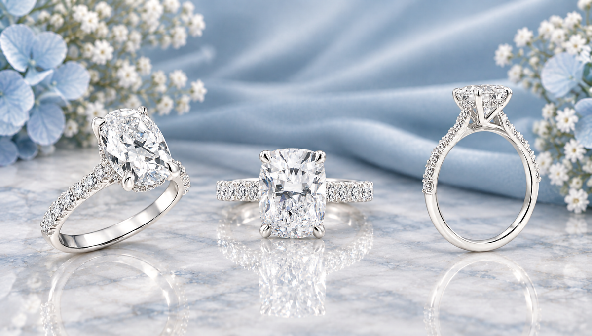 Three views of the 14 karat white gold elongated cushion lab grown diamond hidden halo engagement ring on marble at AJ's Jewelry in Queens NY