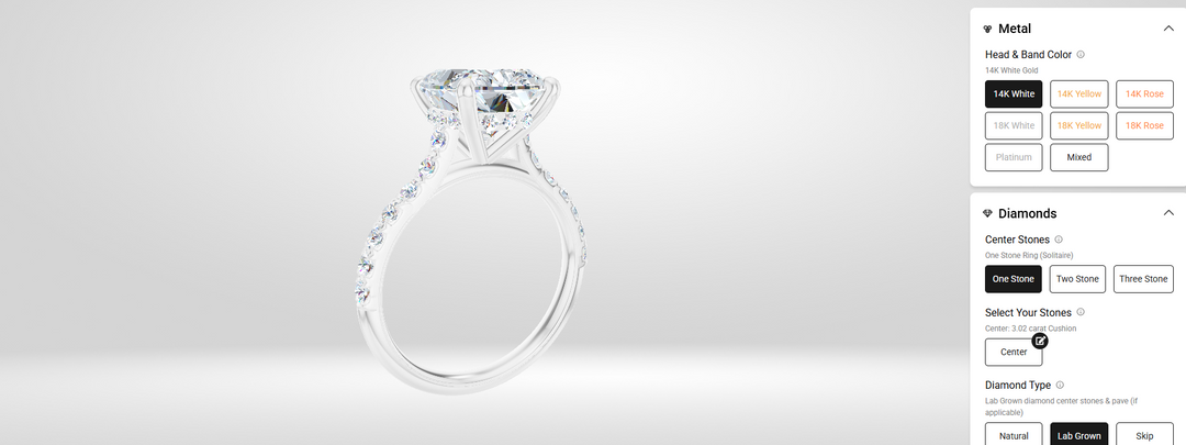 Ring builder profile view of the white gold elongated cushion lab grown diamond hidden halo engagement ring, designed online at ajsjewelers.com