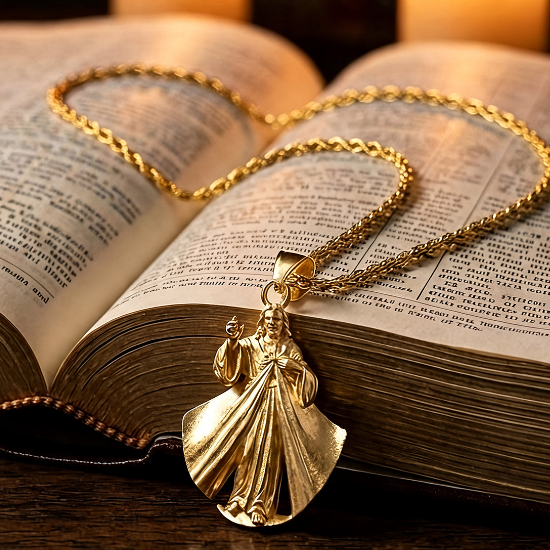 Custom 14KT yellow gold Divine Mercy pendant shown from the front on a styled display at AJ's Jewelry in Ridgewood, Queens NY