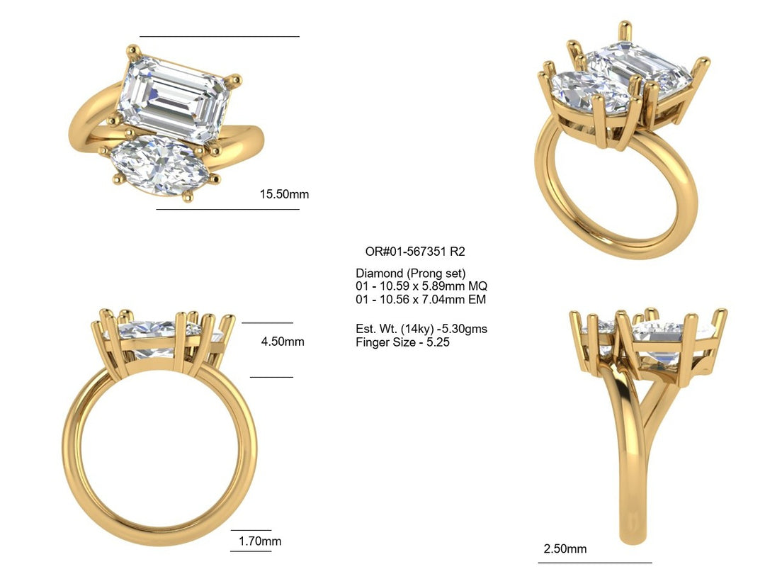 Digital rendering of the 14 karat yellow gold two-stone engagement ring reviewed and approved by the client before production at AJ's Jewelry