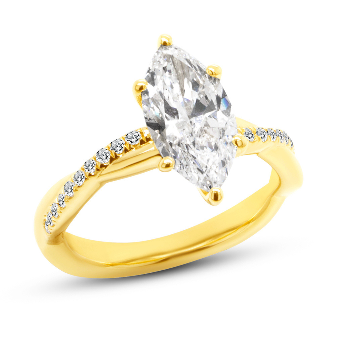 18k yellow gold 1.5ct marquise lab grown diamond engagement ring, angled view, AJ's Jewelry Queens NY