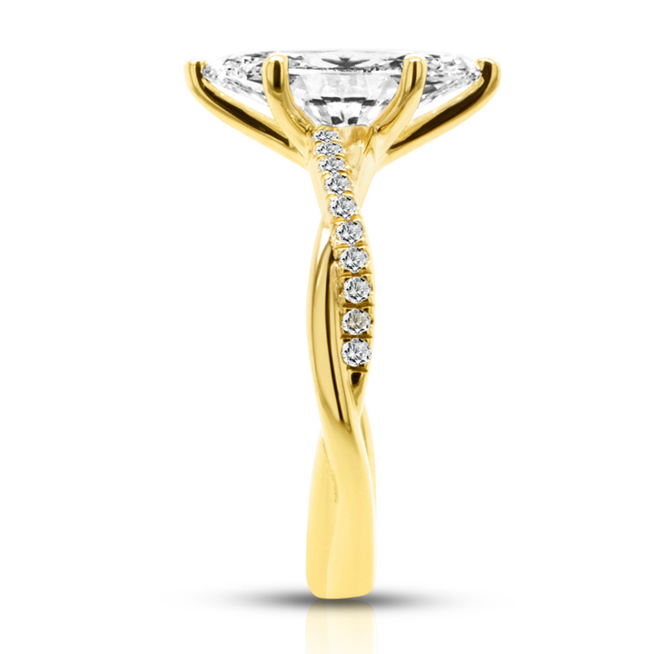 18 karat yellow gold 1.5ct marquise lab grown diamond engagement ring, side profile showing the twisted diamond-accented shank