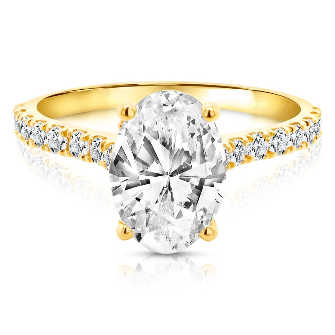 18 karat yellow gold 2ct oval lab grown diamond hidden halo engagement ring with diamond accent band, front view