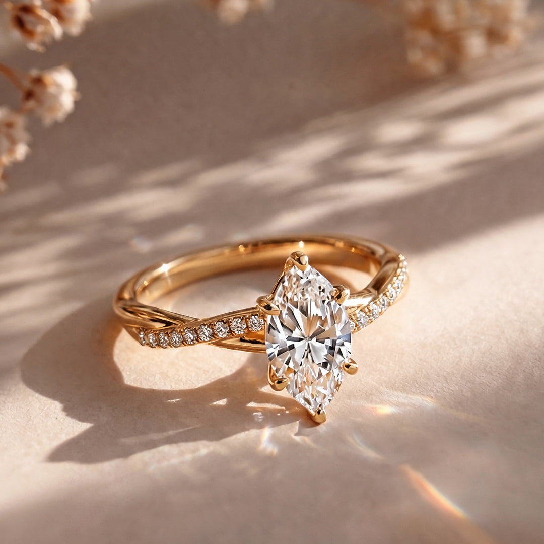 18k yellow gold marquise twist lab grown diamond engagement ring, front view, AJ's Jewelry Queens NY