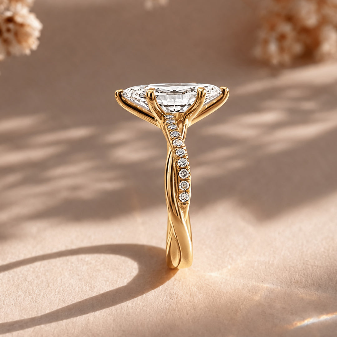 18k yellow gold marquise twist lab grown diamond engagement ring, side view, AJ's Jewelry Queens NY