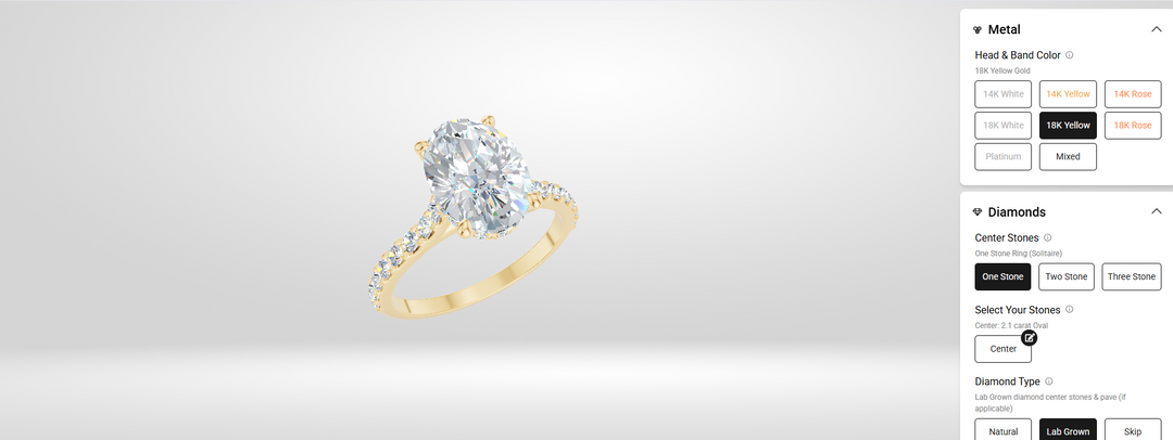 AJ's Jewelry online ring builder showing the 18 karat yellow gold oval lab grown diamond engagement ring design with a diamond band