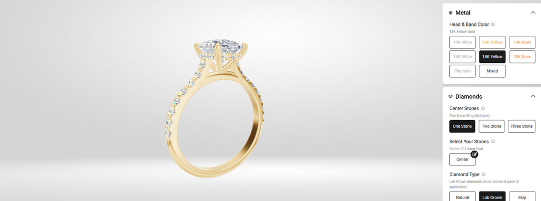 Ring builder side view of the 18 karat yellow gold engagement ring showing the hidden halo beneath the oval center stone, designed online at ajsjewelers.com