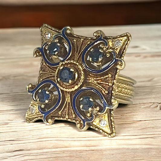 14 Karat Yellow Gold Diamond and Sapphire Vintage Ring