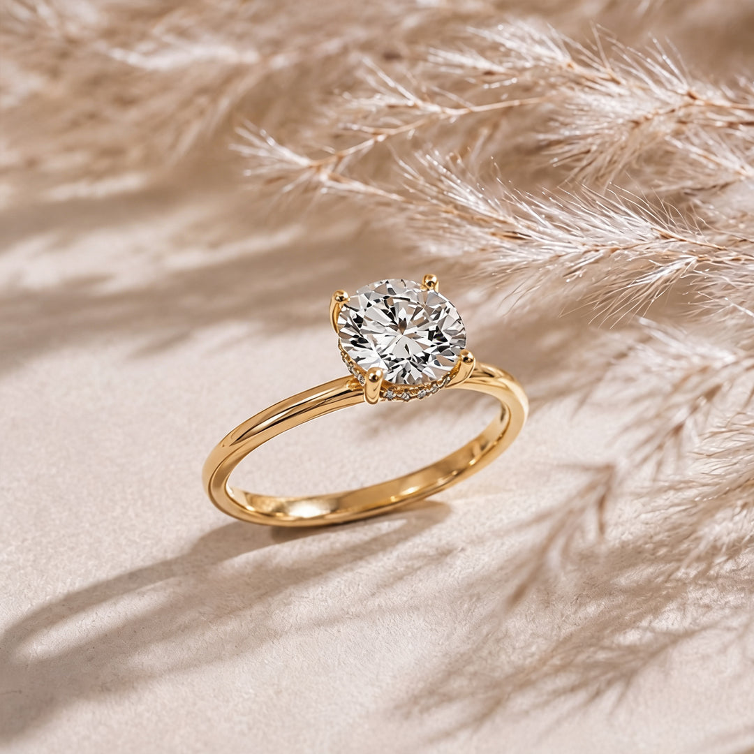14k yellow gold 2ct round hidden halo lab grown diamond engagement ring at an angle, AJ's Jewelry Queens NY