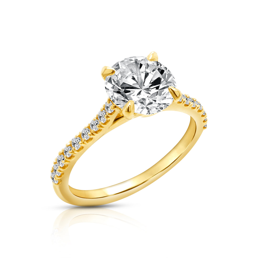 14k yellow gold 2ct round pave cathedral lab grown diamond engagement ring, angled view - AJ's Jewelry Queens NY