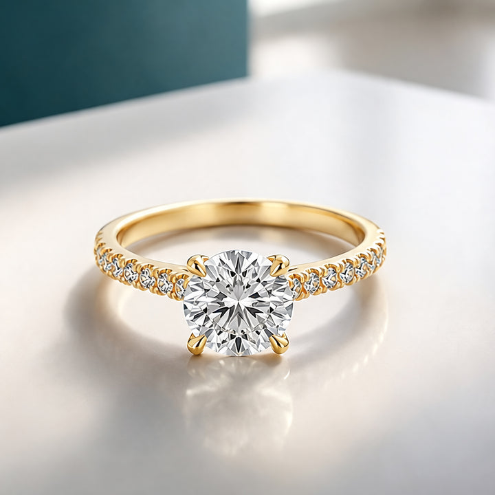 2ct round pave cathedral lab grown diamond engagement ring, front angle on a styled display - AJ's Jewelry Queens NY