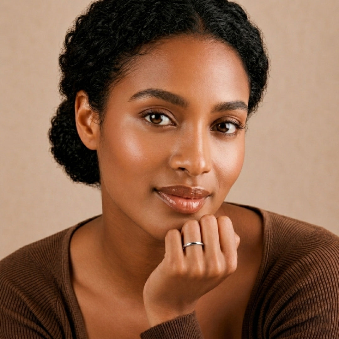 Model wearing a 2mm 14K white gold comfort fit wedding band - AJ's Jewelry, Ridgewood NY