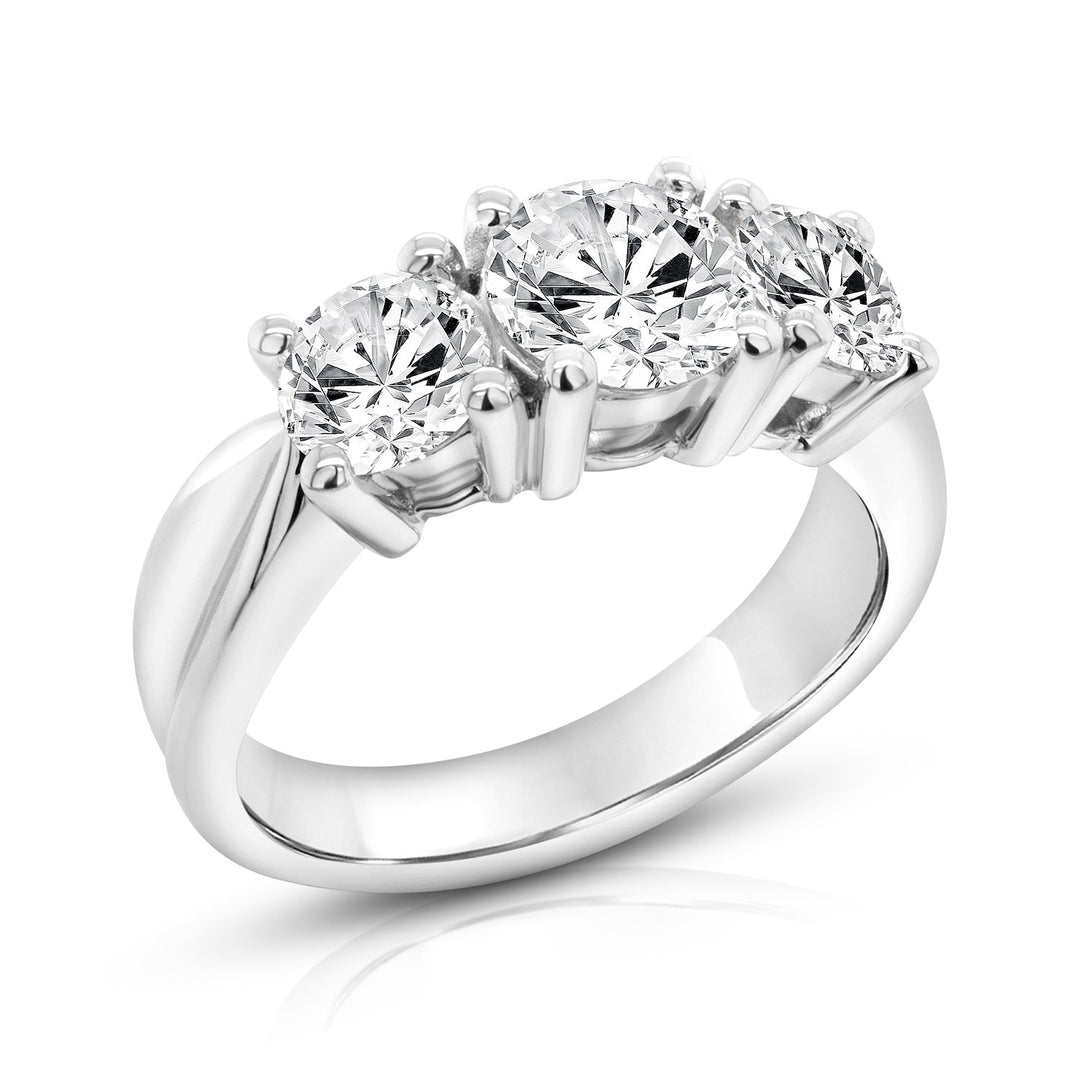 Angle view of the completed 3-stone lab grown diamond anniversary ring in 14 karat white gold — AJ's Jewelry Queens NY