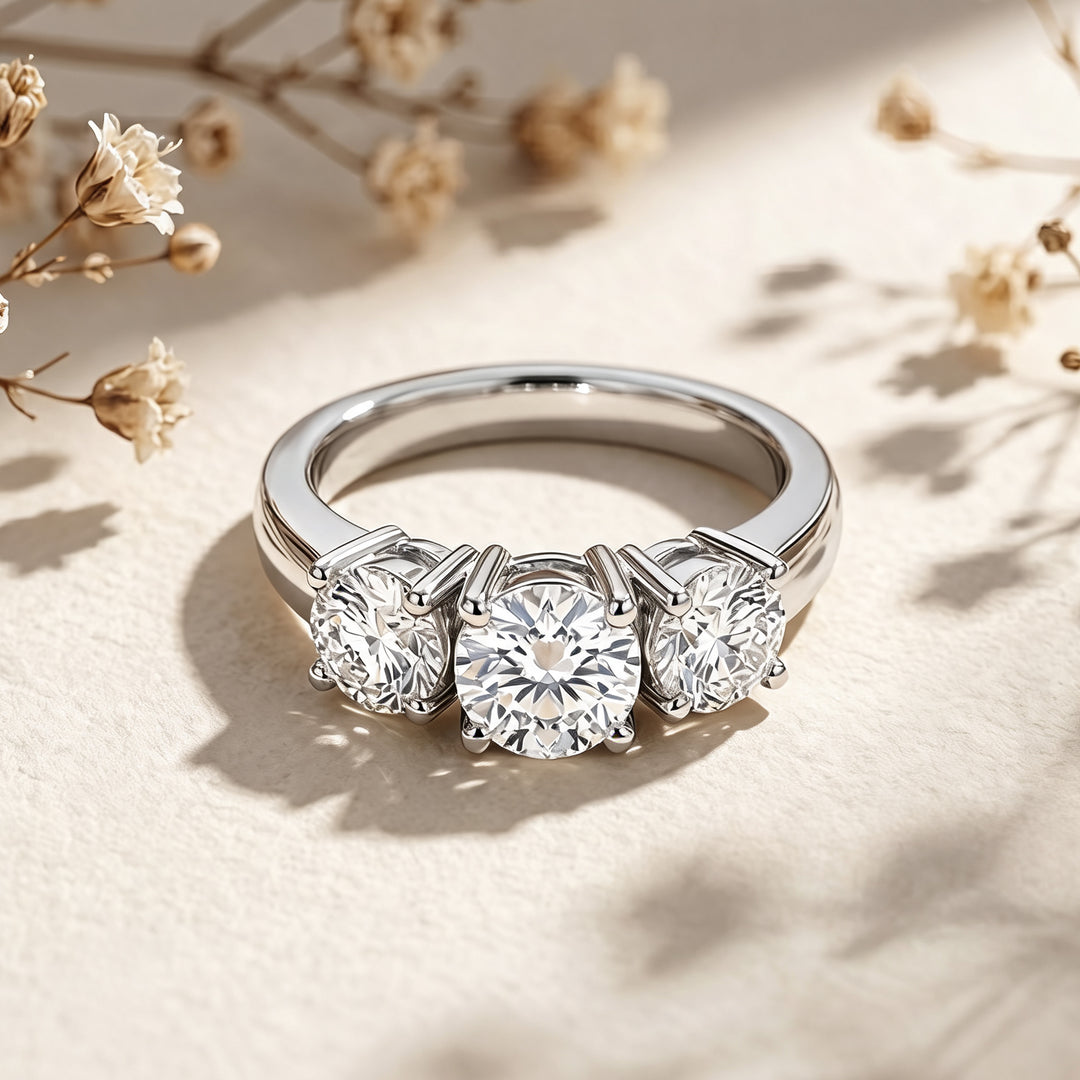 Custom 14KT white gold three-stone lab-grown diamond anniversary ring shown from the front on a styled display at AJ's Jewelry in Ridgewood, Queens NY