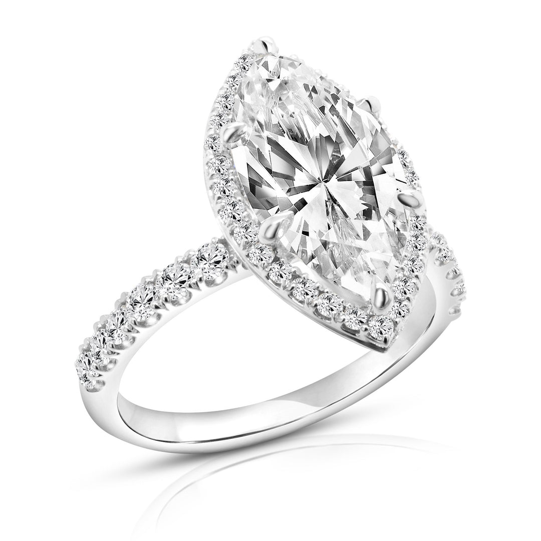 Angle view of the completed 3ct marquise lab grown diamond halo engagement ring in 14 karat white gold — AJ's Jewelry Queens NY