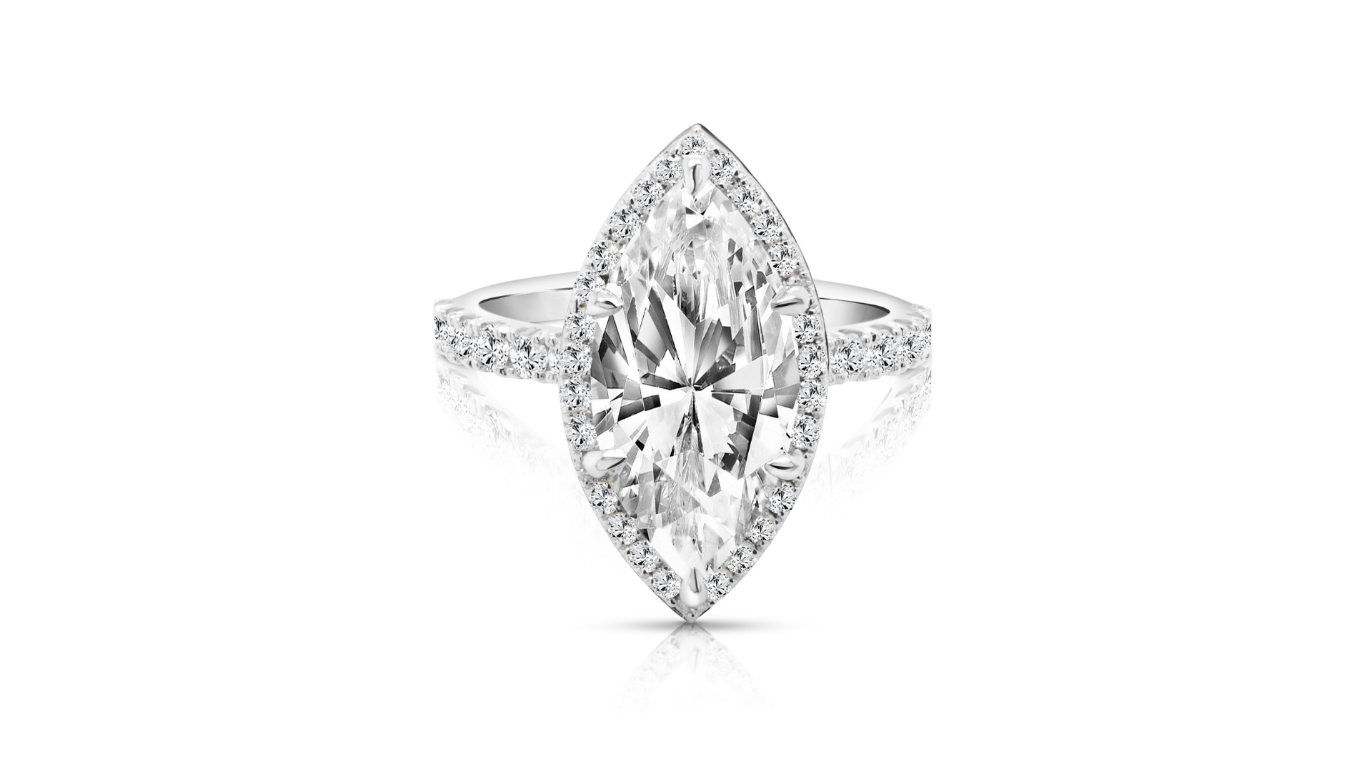 3 carat marquise lab grown diamond halo engagement ring — front view, 14 karat white gold, AJ's Jewelry Ridgewood Queens NY