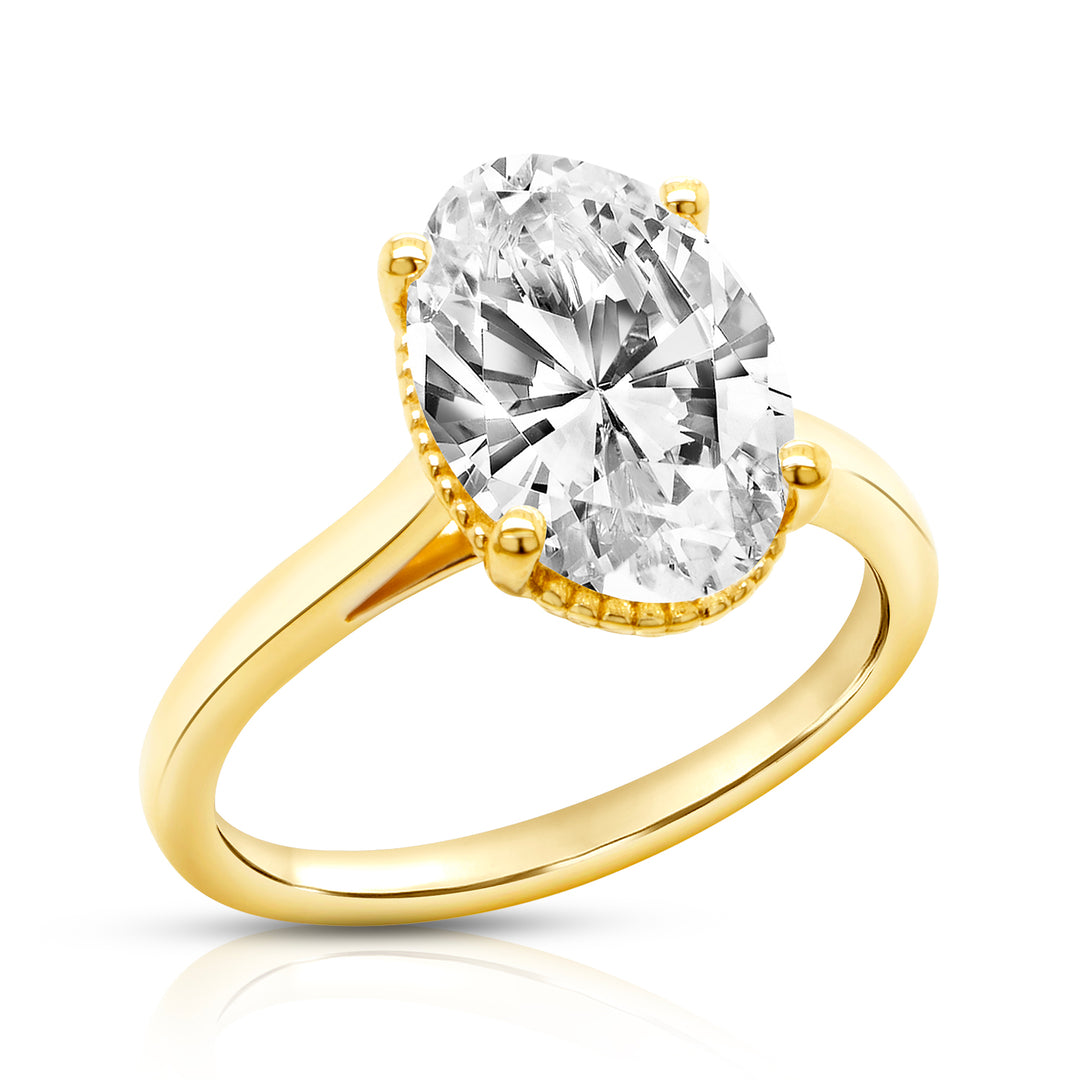 14k yellow gold 3ct oval lab grown diamond solitaire engagement ring with milgrain halo, angled view - AJ's Jewelry Queens NY