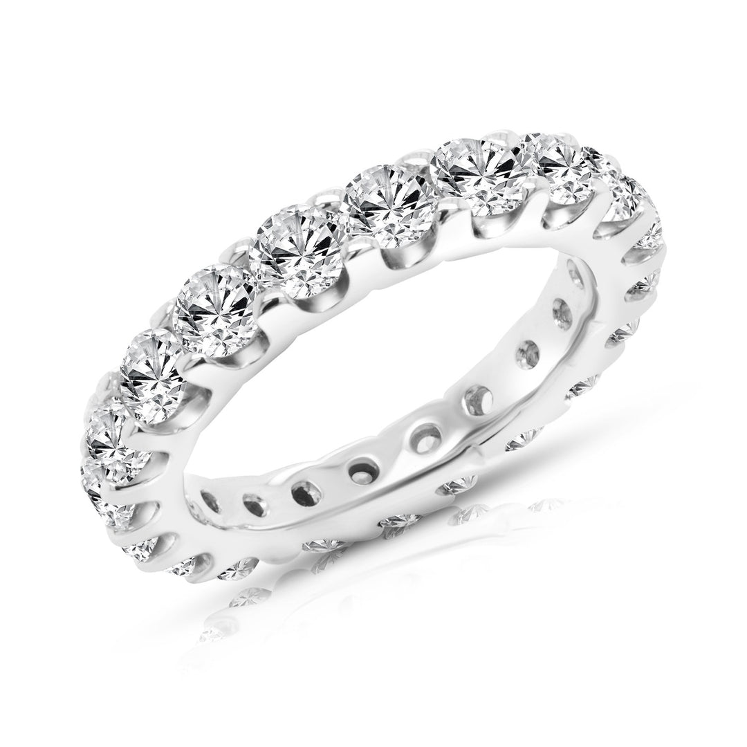 Angle view of the completed 3ct platinum lab grown diamond eternity band — custom milestone anniversary ring by AJ's Jewelry Queens NY