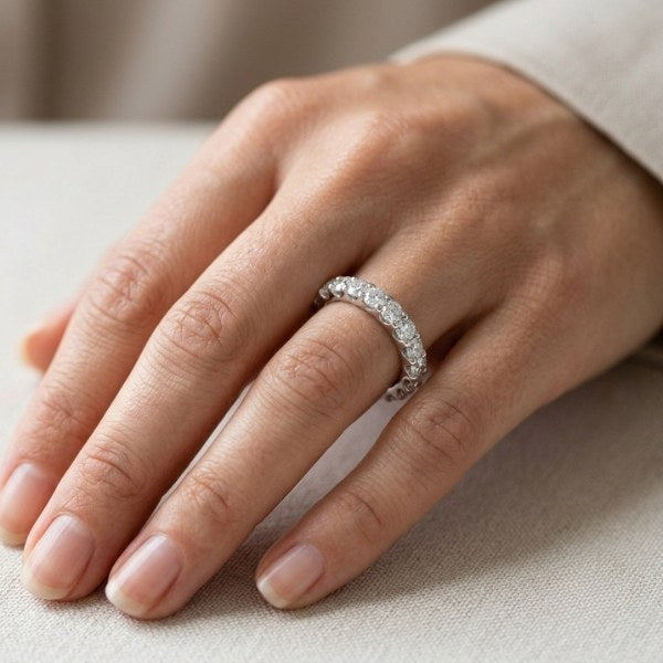 Lifestyle shot of the custom 3ct platinum lab grown diamond eternity wedding band at AJ's Jewelry — Ridgewood Queens NY