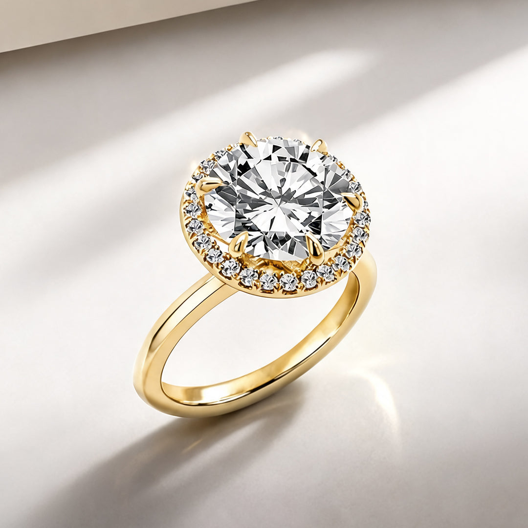 3ct round halo lab grown diamond engagement ring at an angle on a styled display - AJ's Jewelry Queens NY