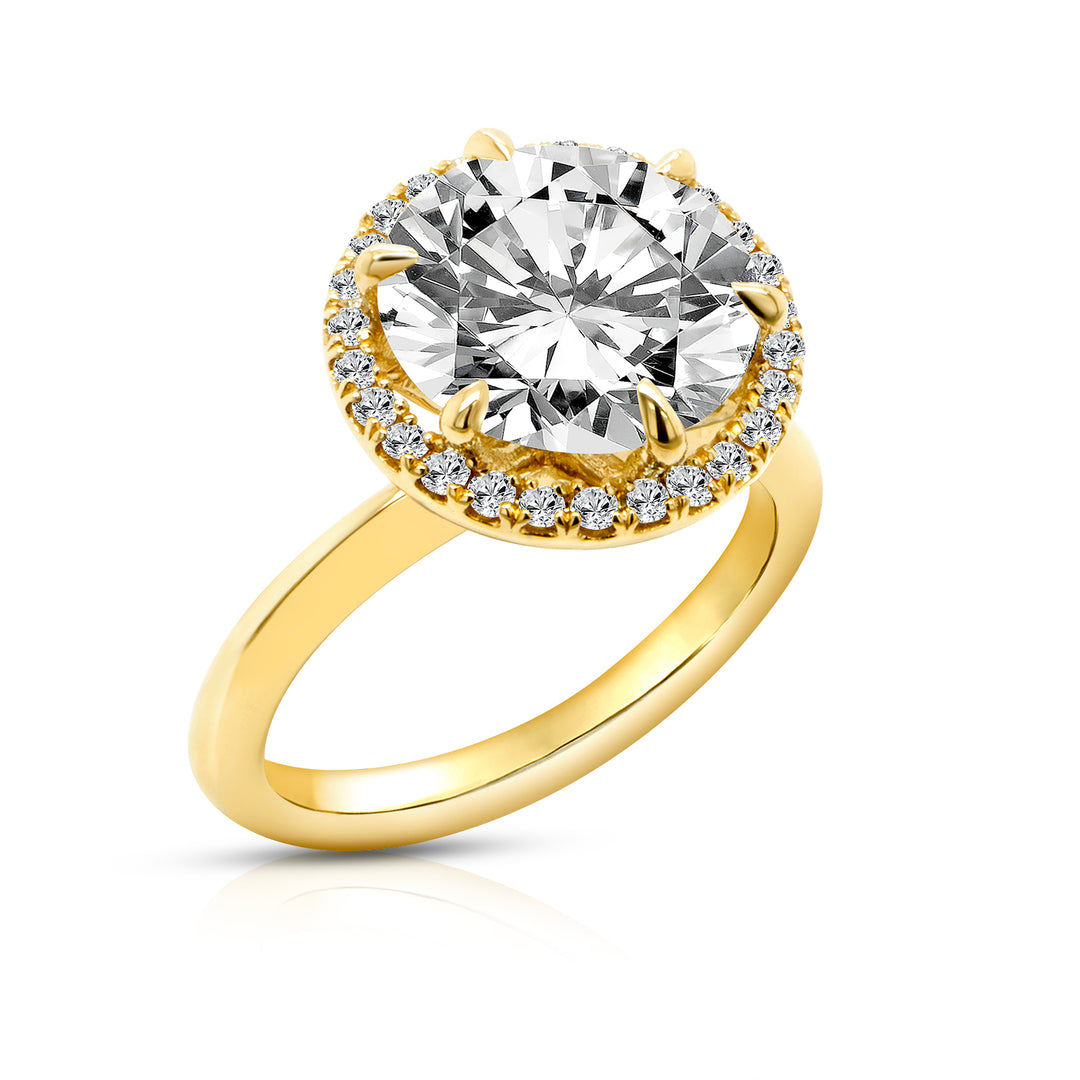 14k yellow gold 3ct round halo lab grown diamond engagement ring, angled view - AJ's Jewelry Queens NY