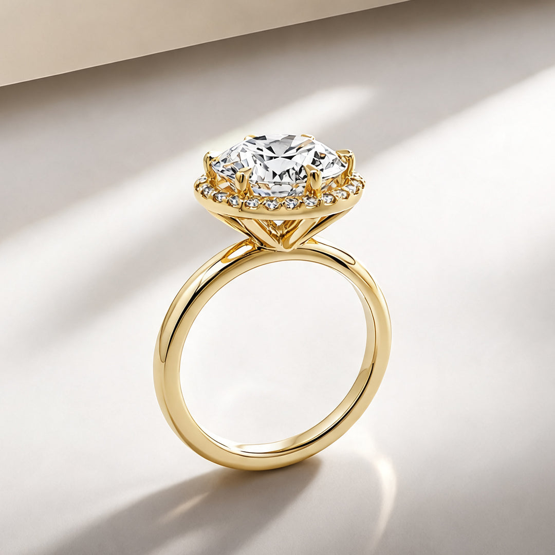 3ct round halo lab grown diamond engagement ring, side angle on a styled display - AJ's Jewelry Queens NY