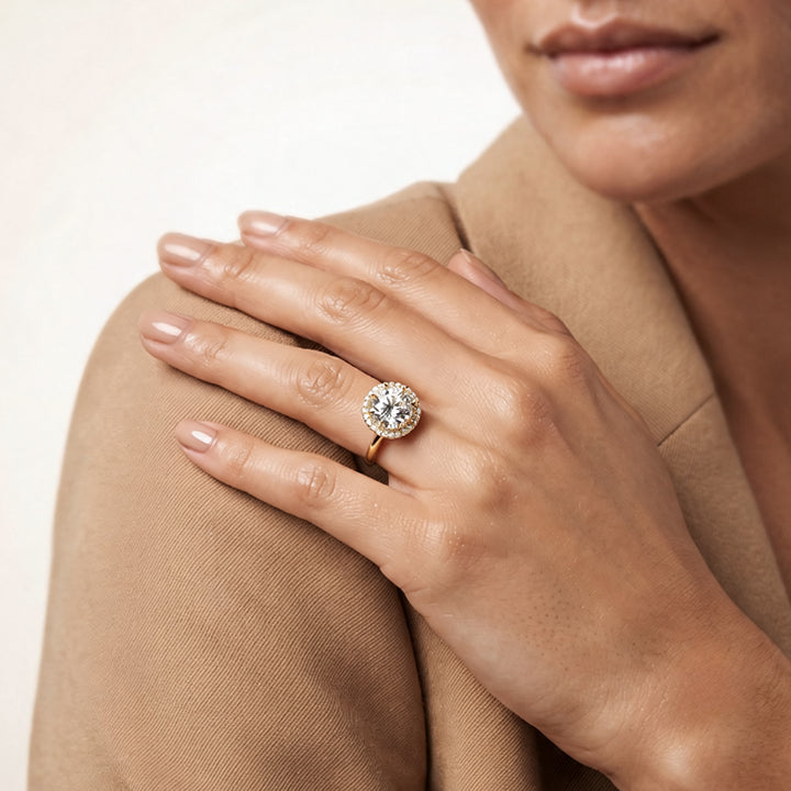 3ct round halo lab grown diamond engagement ring worn on a hand - AJ's Jewelry Ridgewood Queens NY