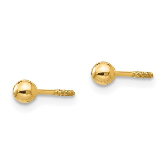 14 Karat Yellow Gold 3mm Ball Stud Earrings with Screwback