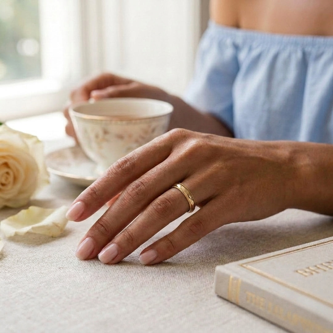 A model wearing the 4mm Yellow Gold Comfort Fit Milgrain Wedding Band