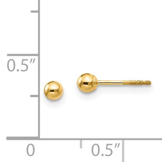 14 Karat Yellow Gold 3mm Ball Stud Earrings with Screwback