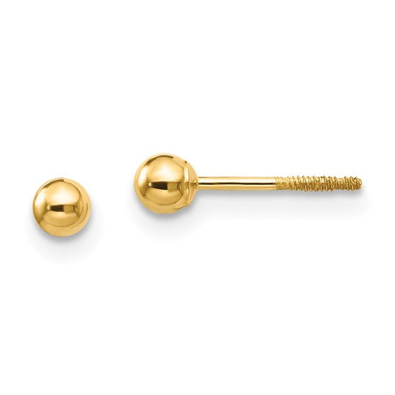 14 Karat Yellow Gold 3mm Ball Stud Earrings with Screwback