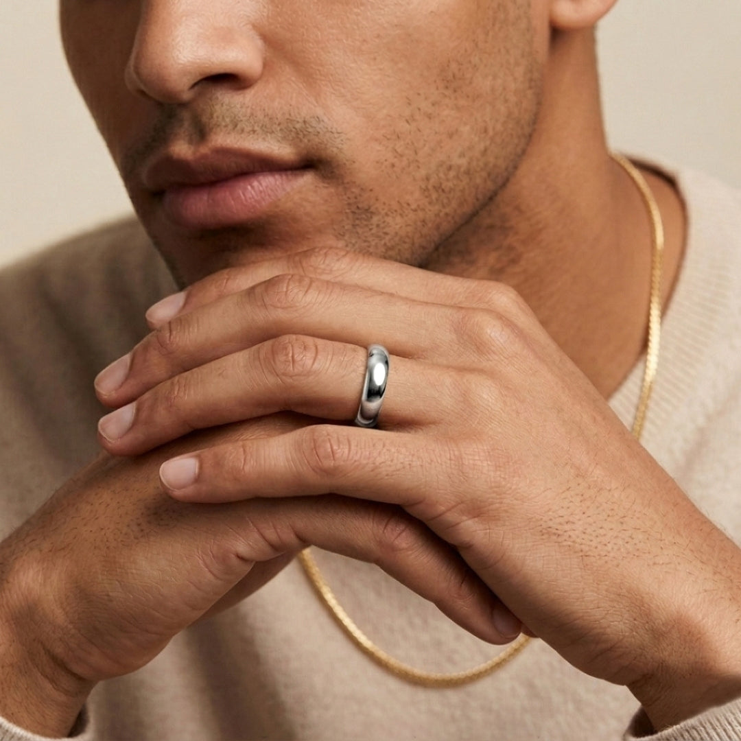 6mm sterling silver comfort fit wedding band worn on a model's hand, close-up view - AJ's Jewelry, Ridgewood NY