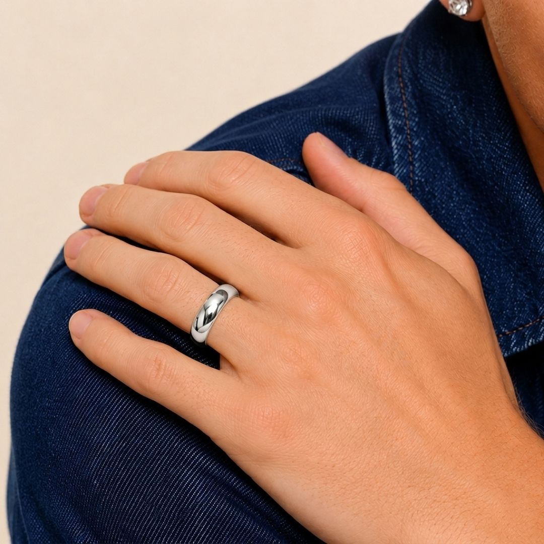 A model wearing the 6mm Slim Half Round Wedding Band in White Gold