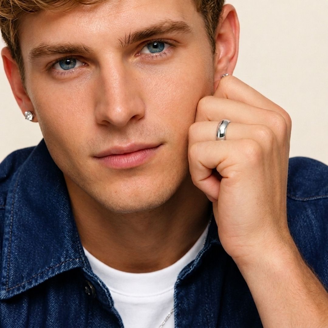 A model wearing the 6mm Slim Half Round Wedding Band in White Gold