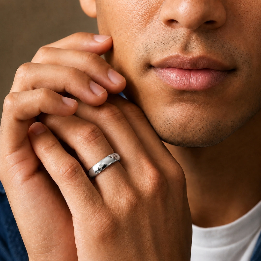 7mm sterling silver comfort fit wedding band worn on a model's hand, close-up view - AJ's Jewelry, Ridgewood NY