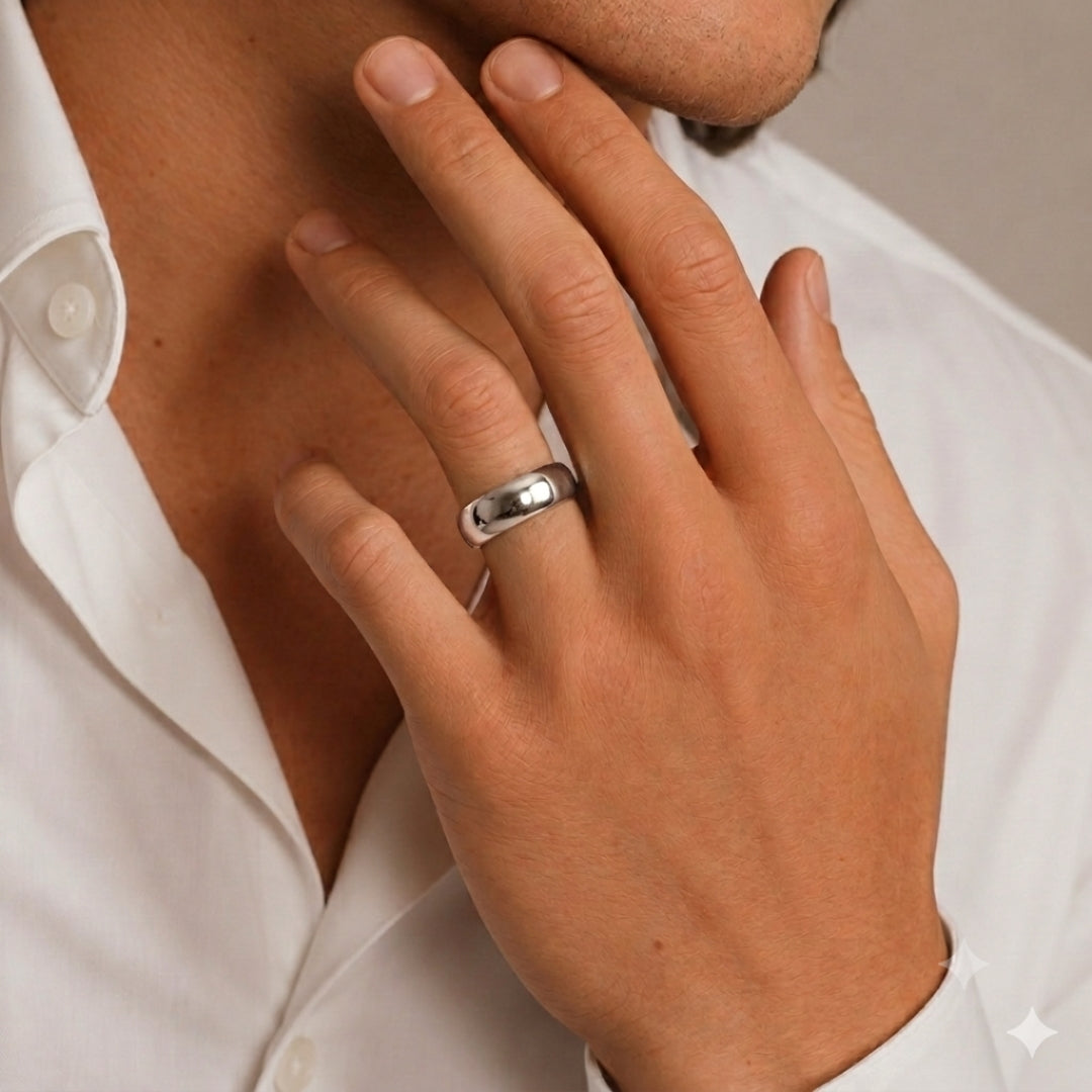 A model wearing the 8mm Slim Half Round Wedding Band in White Gold