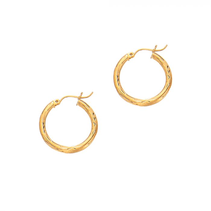 14 Karat Yellow Gold Florentine/Diamond Cut Small Hoop Earrings