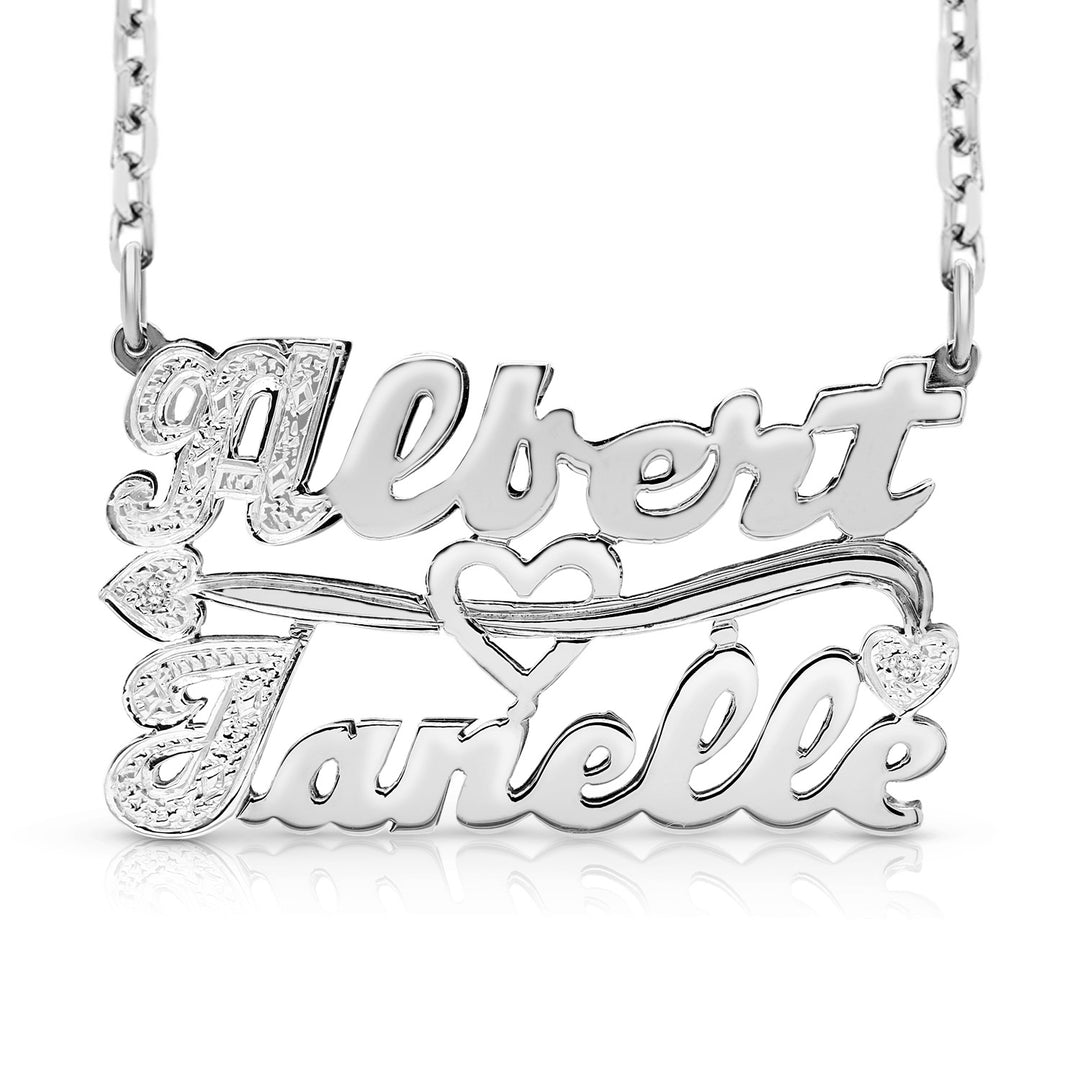 A Sample of the Sterling Silver Two Name 3D Name Necklace with the names Albert and Janelle in White