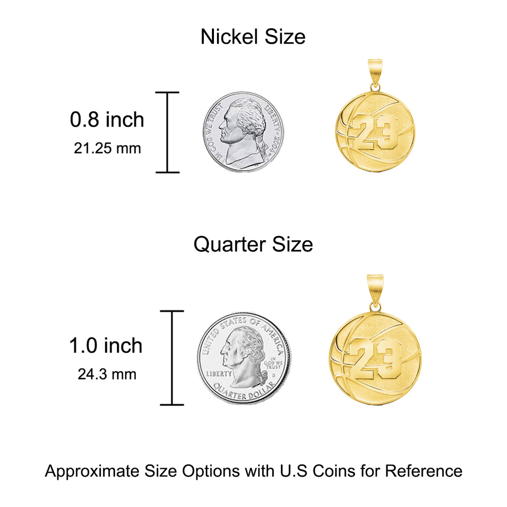 A image of a sample of the Personalized Basketball Charm Pendant next to a US Nickel and Quarter for size reference