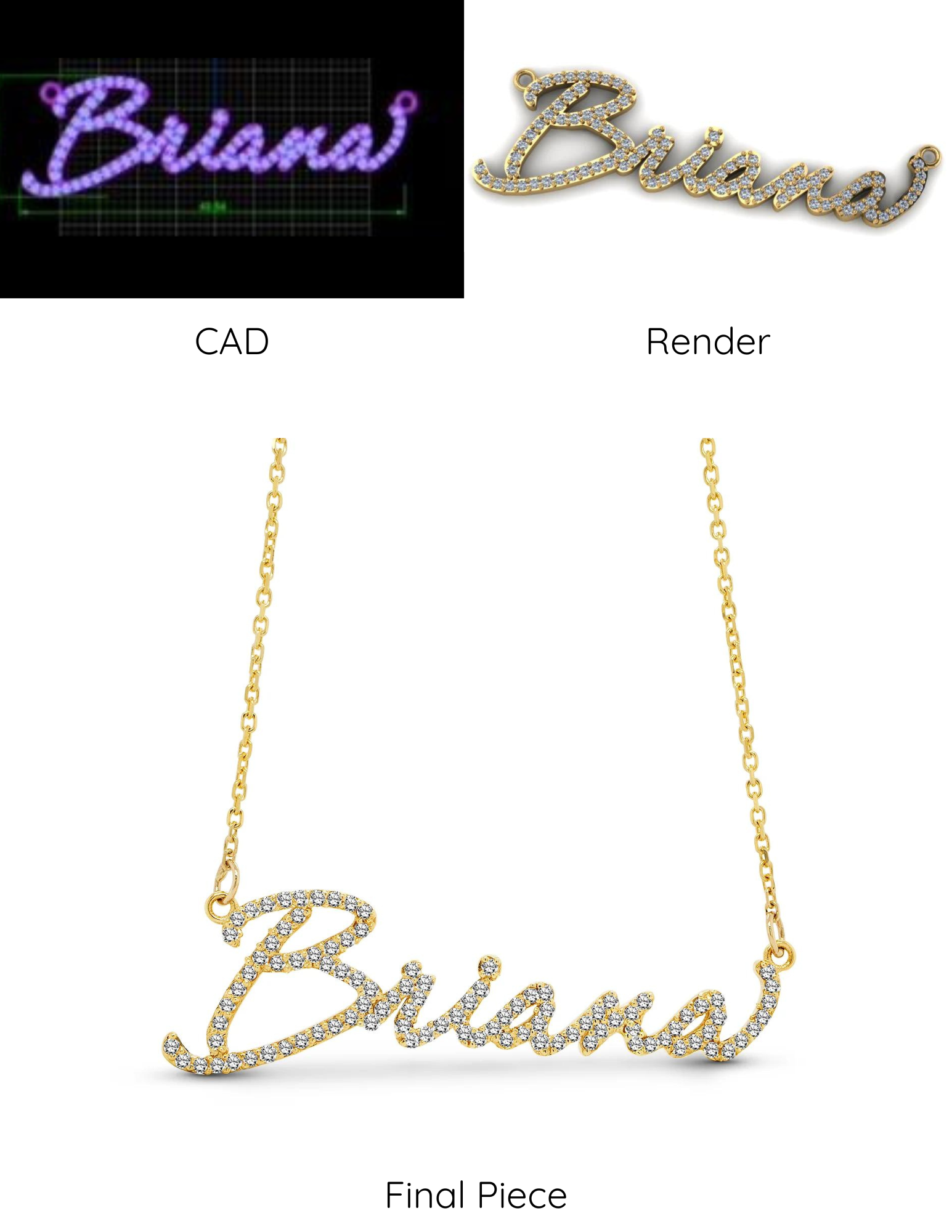 Yellow gold chain with custom diamond name pendant on a white background